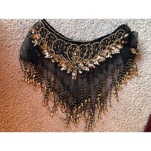 Vintage Beaded Sequins Scarf Gold And Black Tassels Hippie Boho
